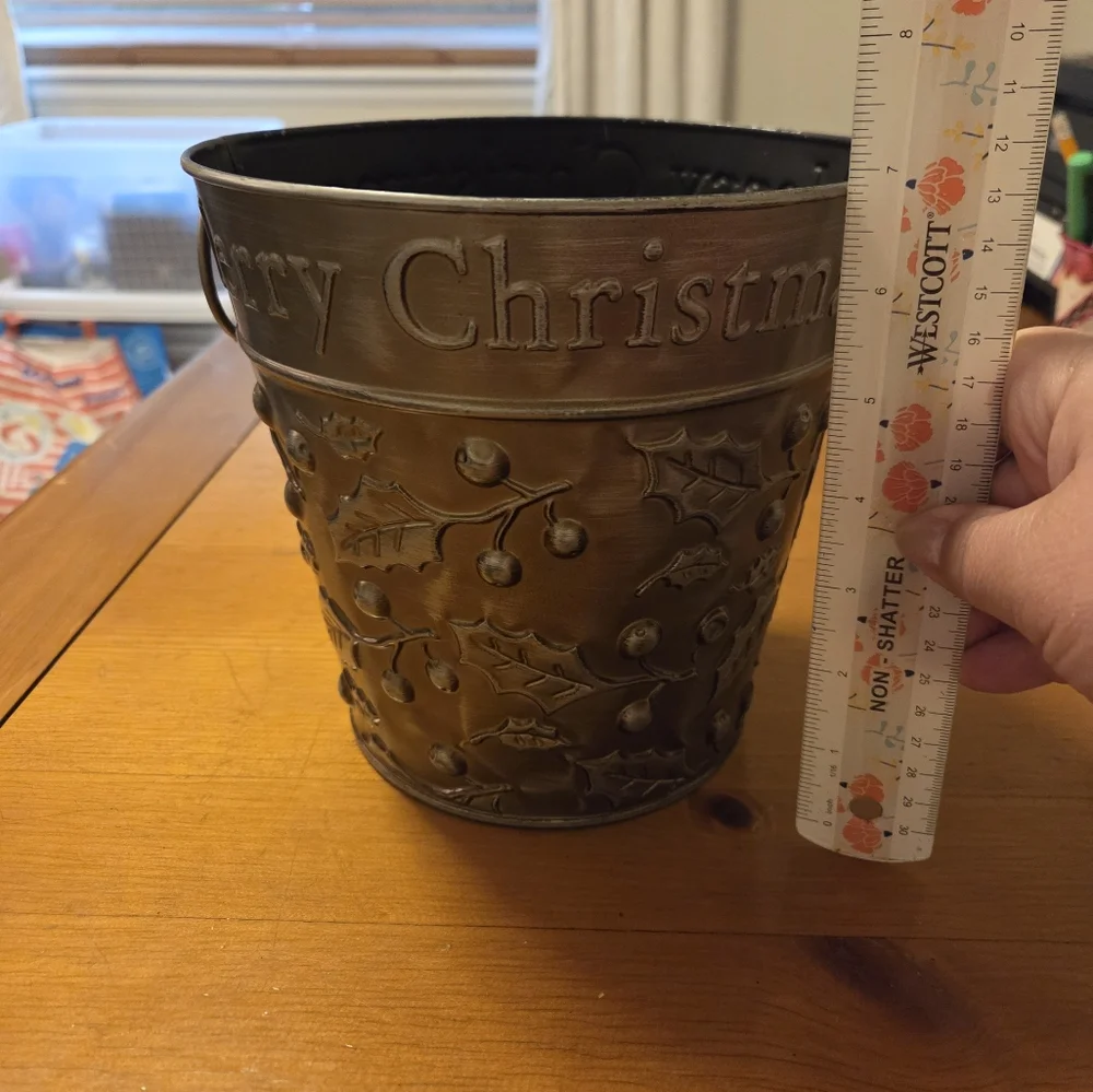 Christmas Metal Embossed With Holly Planter